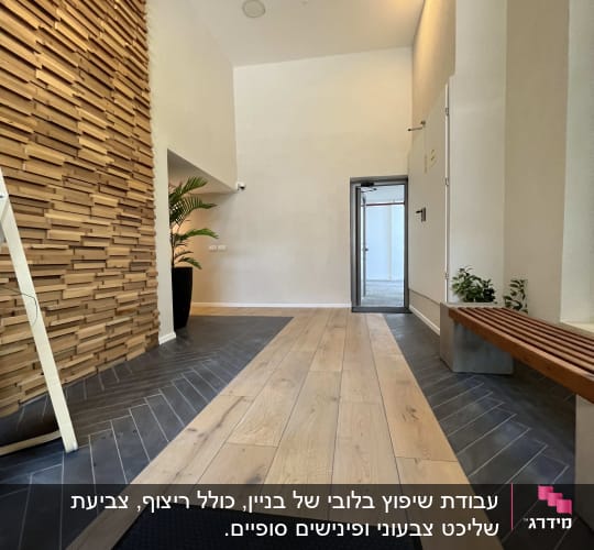 קיר עץ דקורטיבי, ספסל עץ, צמח בעציץ